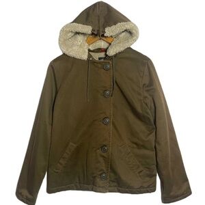 J. Crew Hooded Faux Fur Lined Bomber Jacket Brown with Cream Hood Size XS